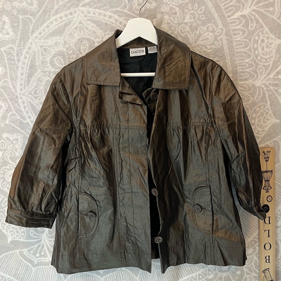 CHICOS WAXXED LINEN COPPER JACKET BLAZER SHORT SLEEVE TOO CUTE EUC SIZE 1 M - Picture 5 of 16